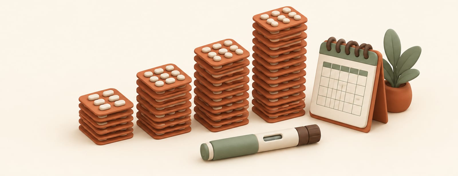 Isometric clay scene of stacked pill blister packs forming a rising bar chart beside a calendar page and an injection pen.