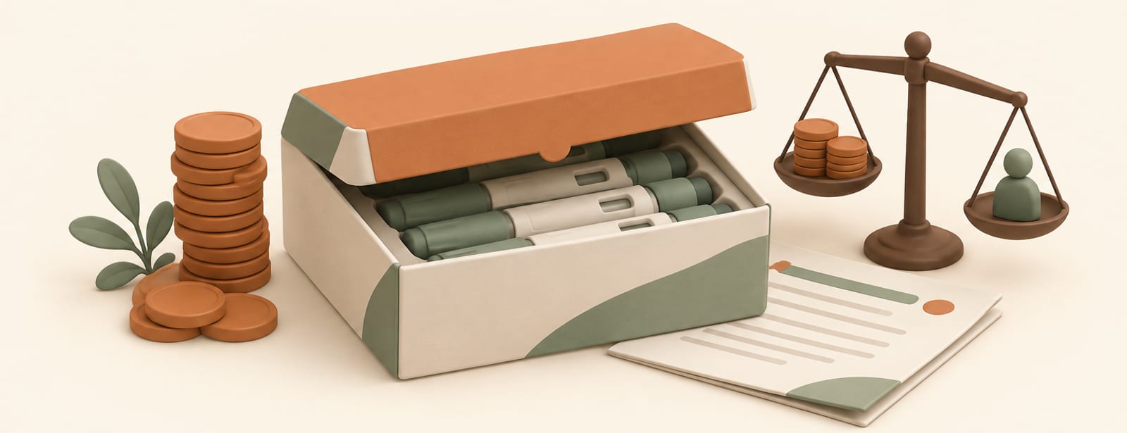 Isometric clay scene of an injection pen box with lid closing, coins, and a tilted balance scale on a folded document.