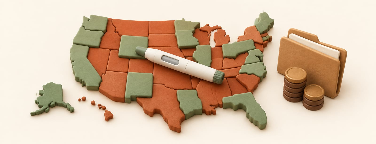 Clay isometric still life of a state-shaped map with raised and lowered tiles, an injection pen, and coins beside a folder.
