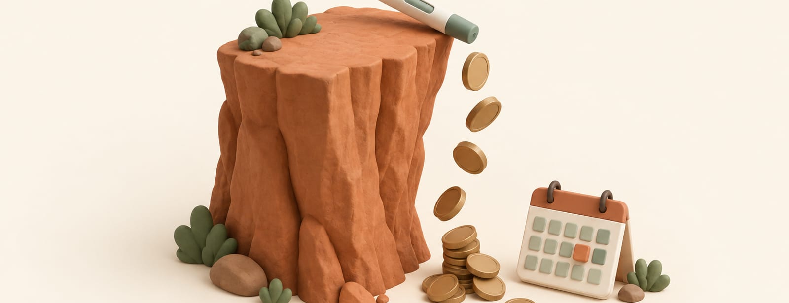 Isometric clay scene of an injection pen teetering on a cliff edge above tumbling coins, beside a calendar block.