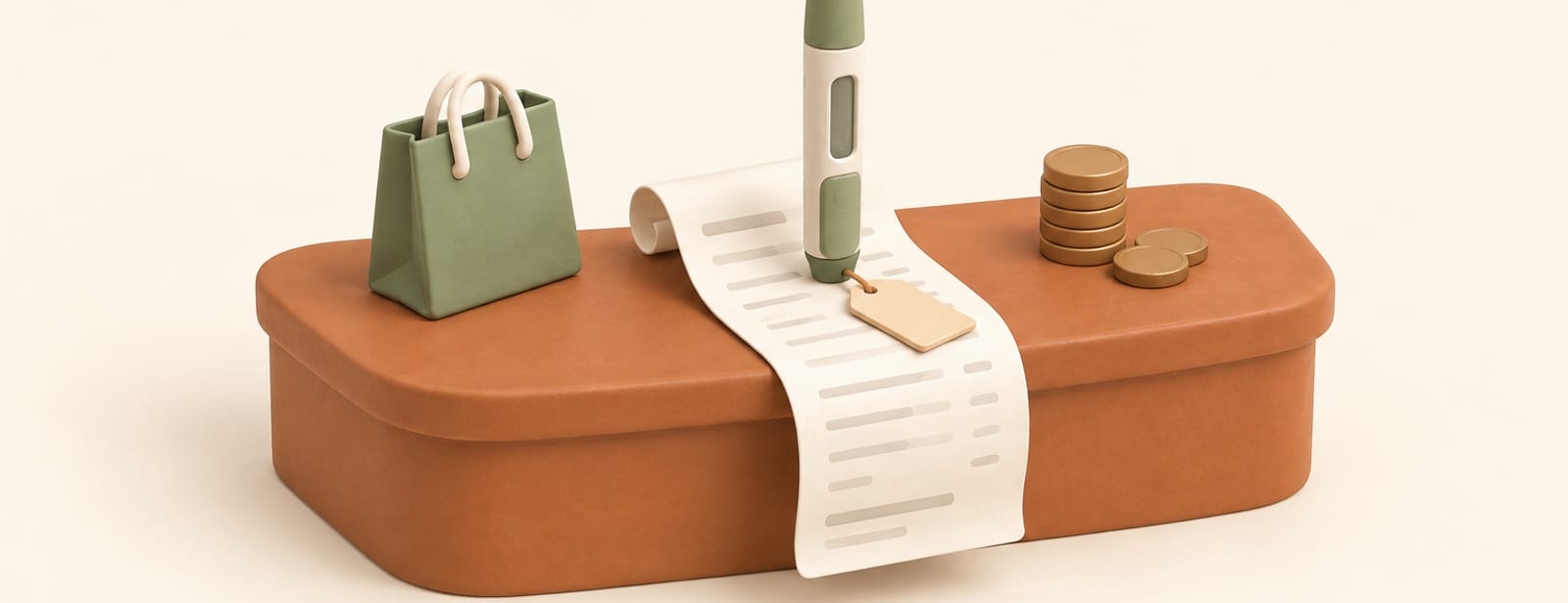 Isometric clay scene of an injection pen, price tag and coins on a checkout counter with a shopping bag.