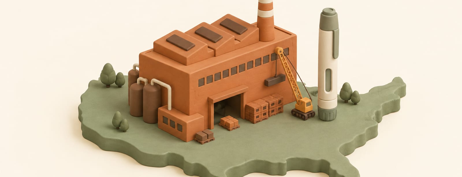 Isometric clay scene of a factory on a state-shaped platform beside an injection pen and a construction crane.