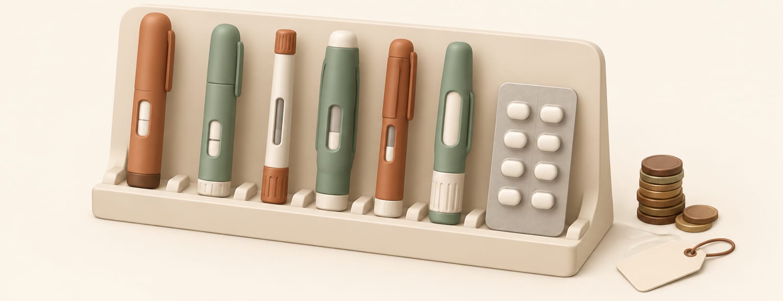 Isometric clay still life of several injection pens and a tablet blister pack on a display rack with coins.