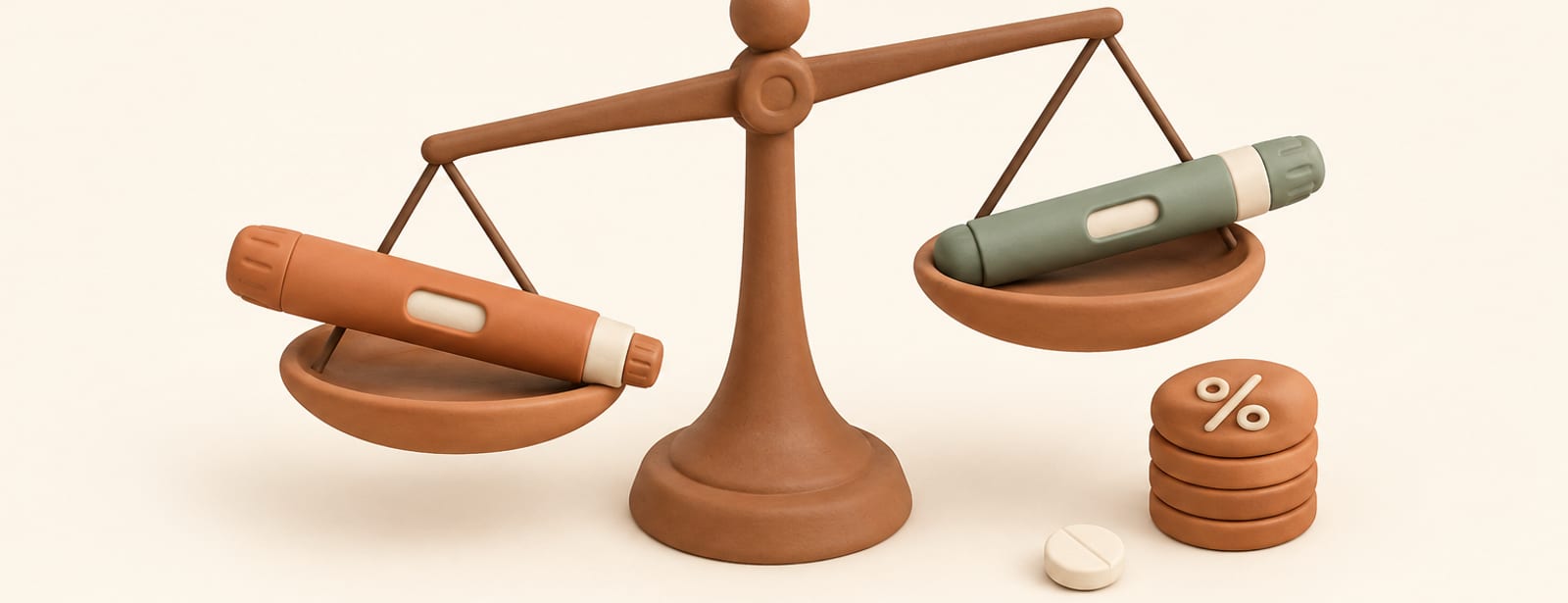Isometric clay scene of two injection pens balanced on a scale beside a tablet and stacked discs.