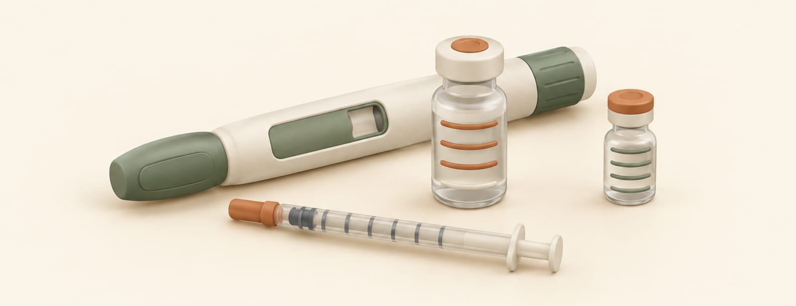 Isometric clay still life of an injection pen, a glass vial, and a syringe representing different tirzepatide devices.