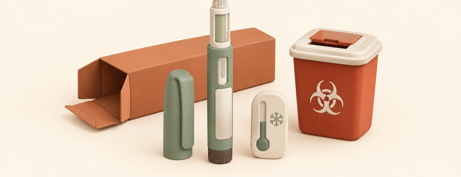 Isometric clay scene of a semaglutide injection pen beside a thermometer dial, its cap, an open carton, and a red sharps container.