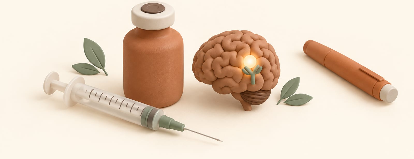 Isometric clay still life of an injection vial and syringe beside a small brain shape, with a pen set apart.