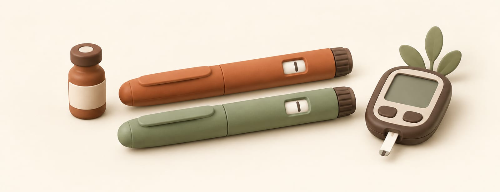 Two clay injector pens, terracotta and sage, beside a small insulin vial and a glucose meter.