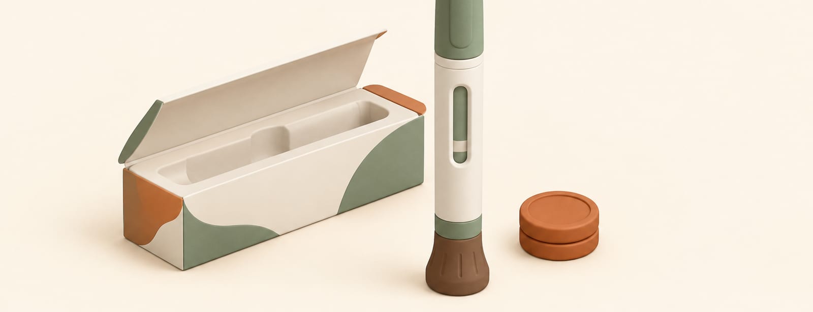 A single upright injection pen beside an open box and one coin, symbolizing an in-stock medication amid pricing changes.