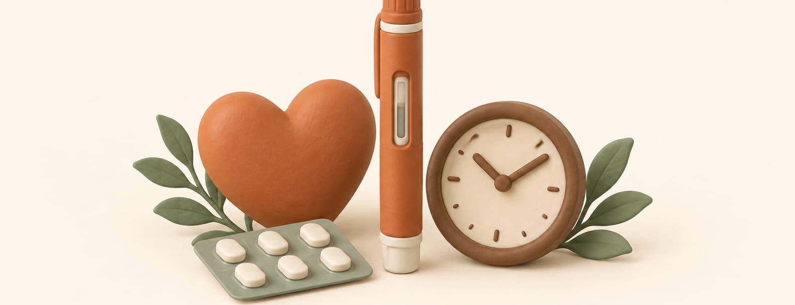 Isometric clay scene of an injection pen, a heart shape, a blister pack, and a small clock on a cream surface.