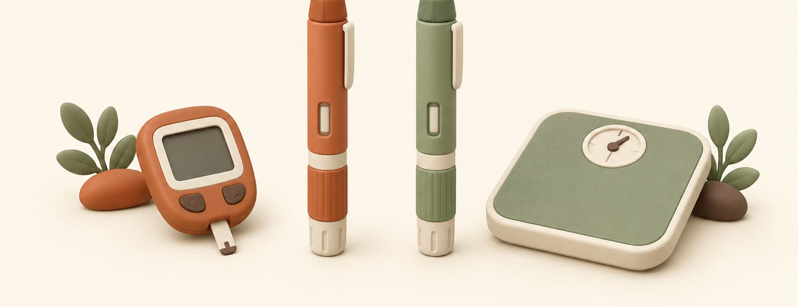 Two matching injection pens, one beside a glucose meter and one beside a bathroom scale, on a cream surface.