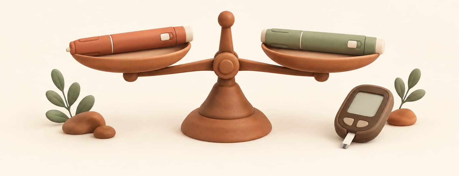 Two generic injection pens, one terracotta and one sage, balanced on a clay scale beside a glucose meter