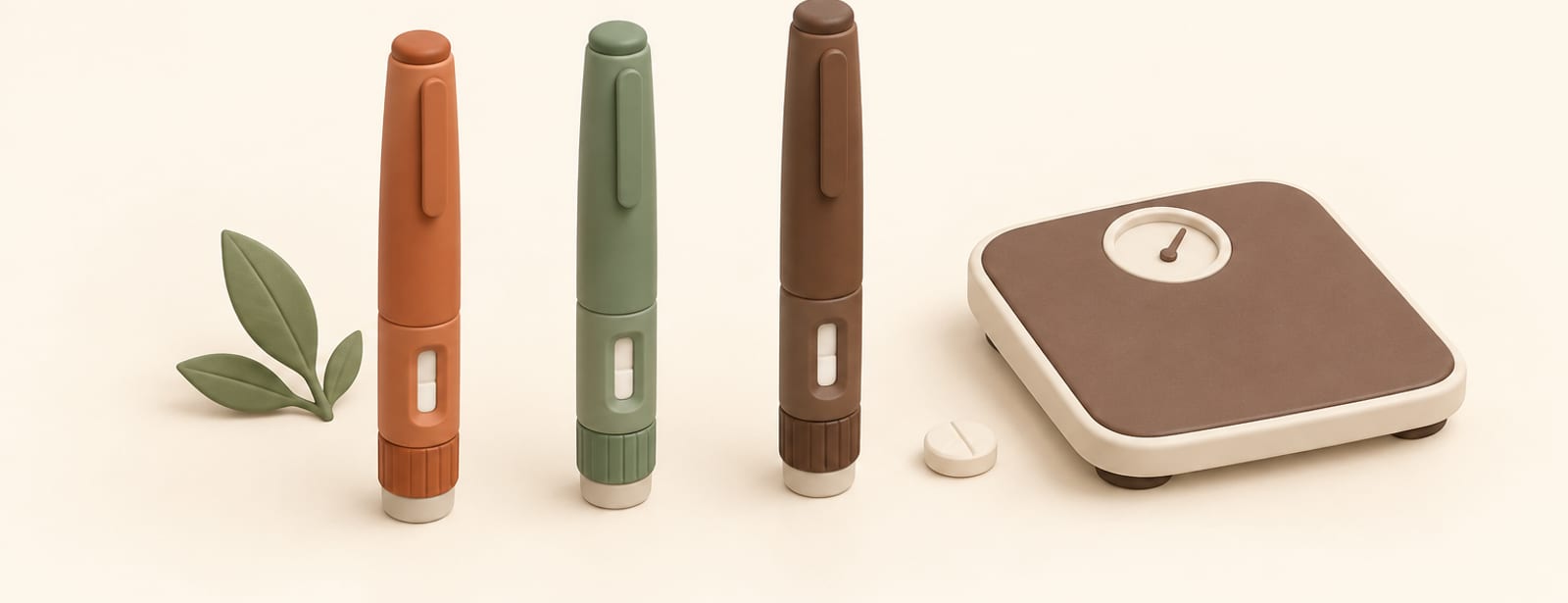 Three semaglutide injection pens of different shades beside a tablet and a small bathroom scale