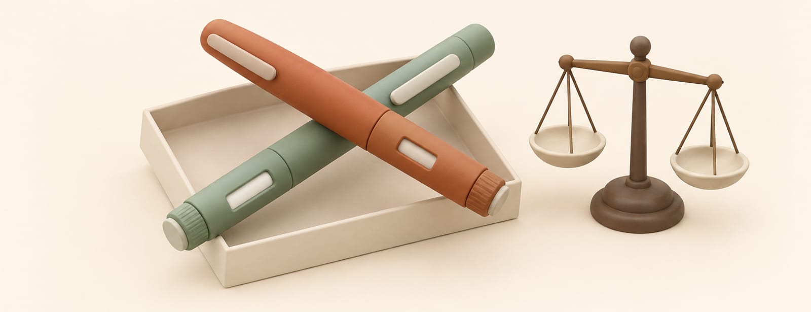 Two different colored injection pens crossing over an open box, beside an empty balance scale.