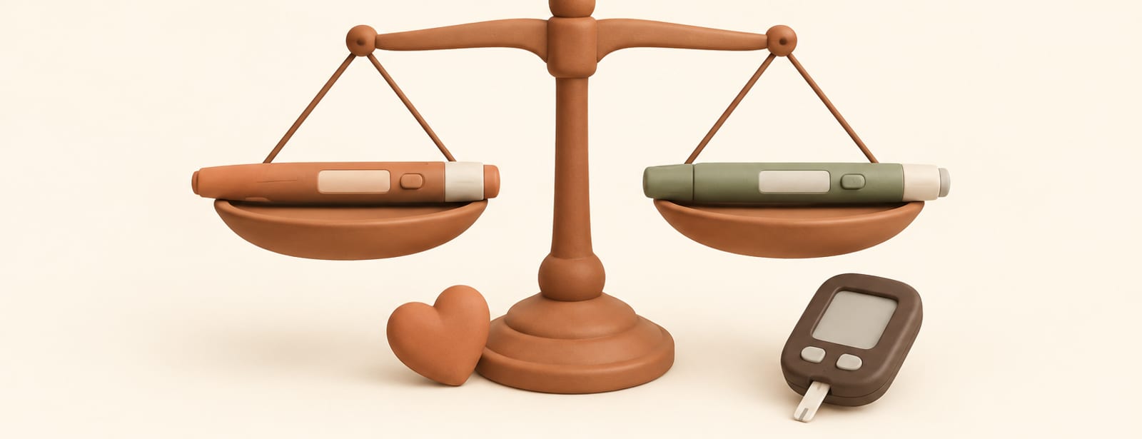Two injection pens balanced on a scale beside a glucose meter and a small clay heart shape.
