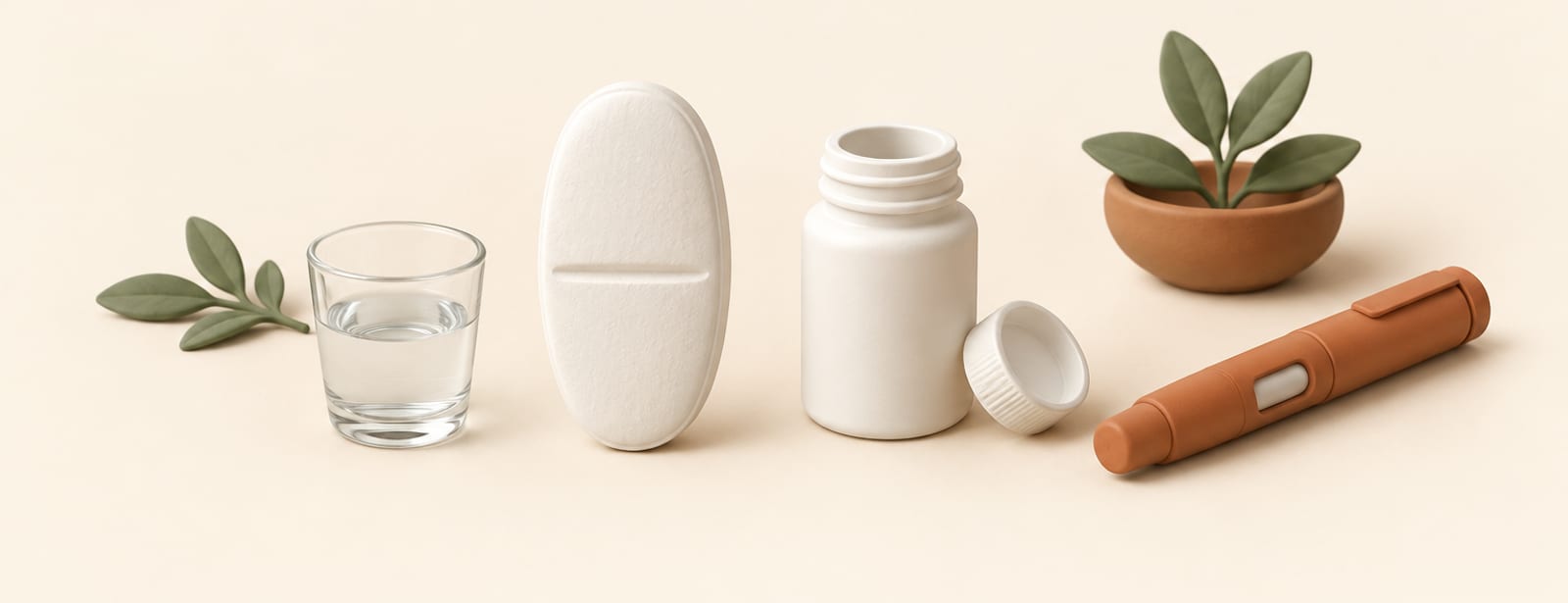 Clay still life of an oval tablet, a pill bottle, a small glass of water, and an injection pen beside it.