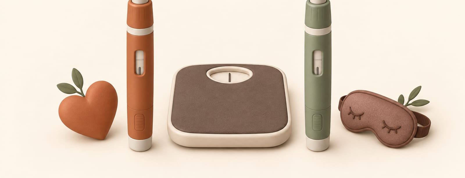 Two weekly injection pens, terracotta and sage, beside a scale, sleep mask, and heart shape in clay style.