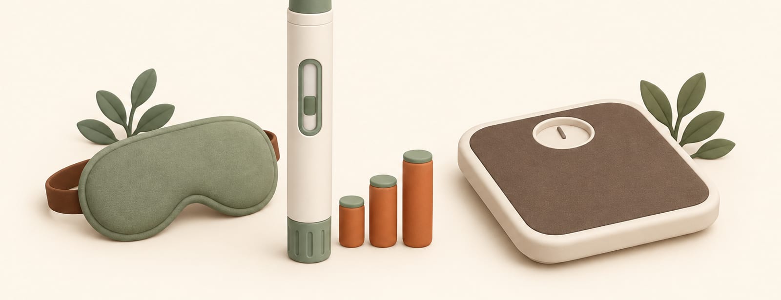 Isometric clay scene of a weight-management injection pen, dose markers, a sleep mask, and a small scale