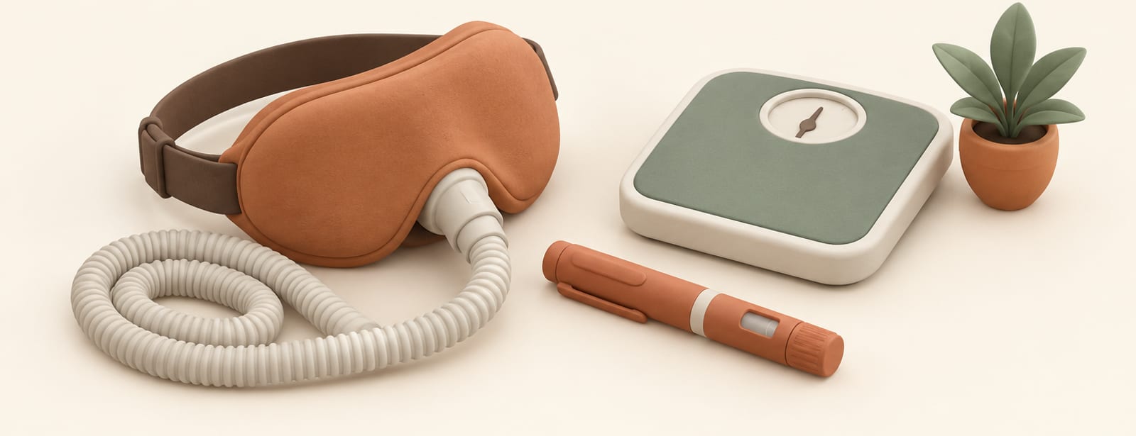 Clay illustration of a sleep mask and hose beside an injection pen and a small scale.