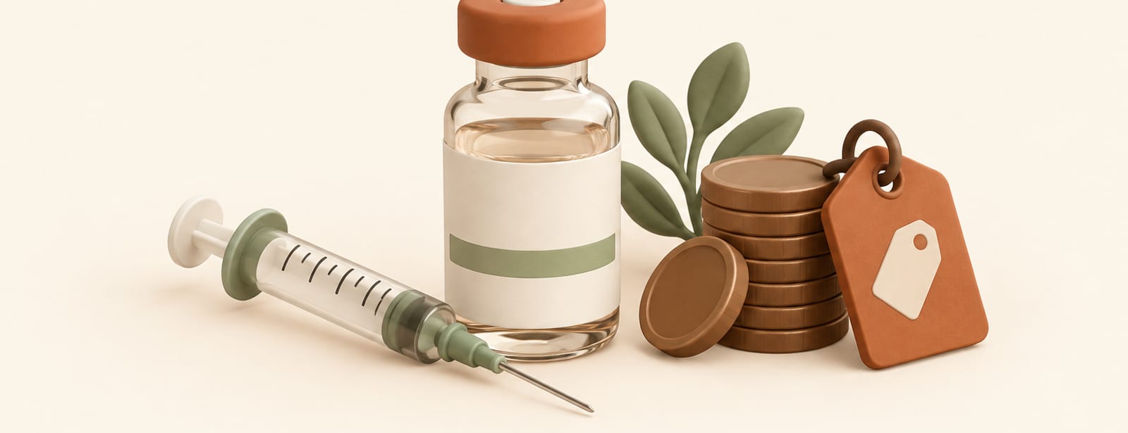 Clay-style still life of a glass medication vial with a syringe, coins, and a price tag beside it.