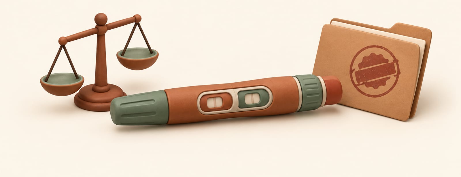 Two-toned injection pen with a tilted balance scale and a stamped folder, symbolizing a combination drug under FDA review.
