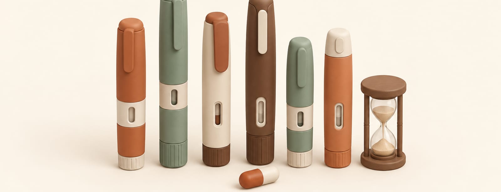 Isometric clay still life of several different injection pens lined up with a pill capsule and an hourglass, representing a drug pipeline.