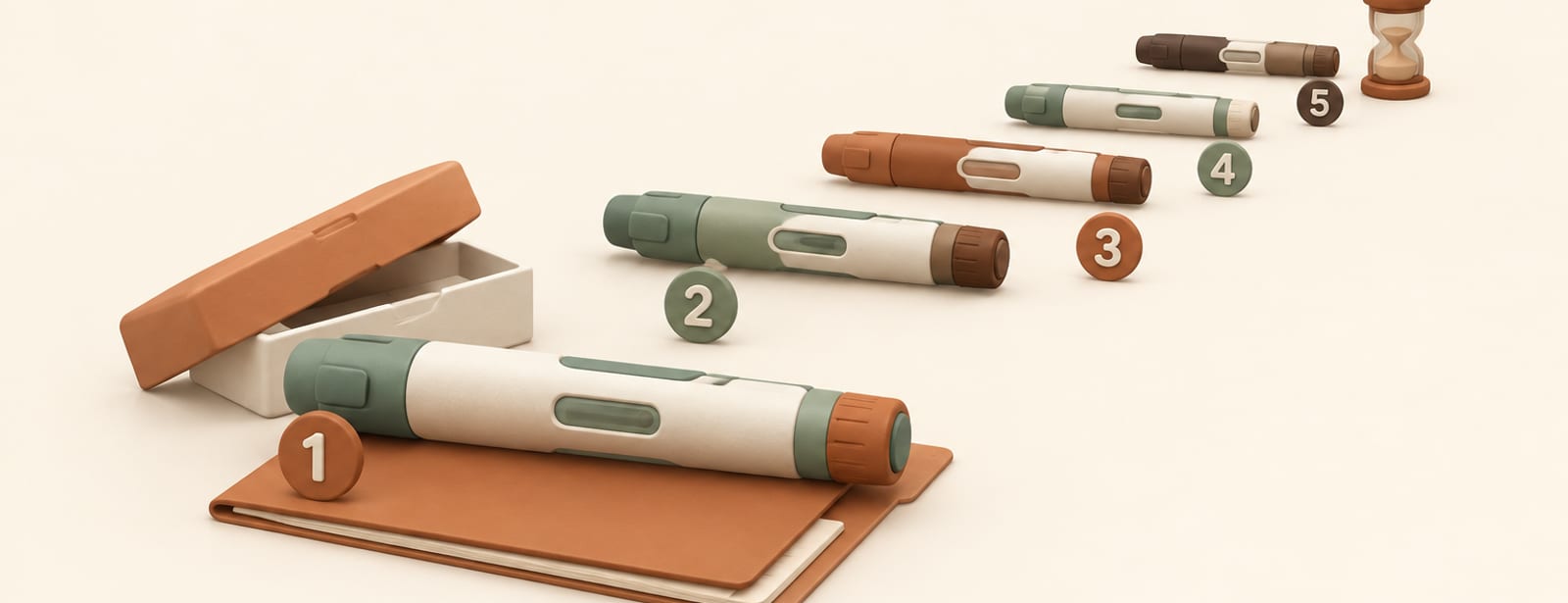 Isometric clay still life of injection pens arranged in a staggered ladder with a folder and hourglass, showing pipeline progress.