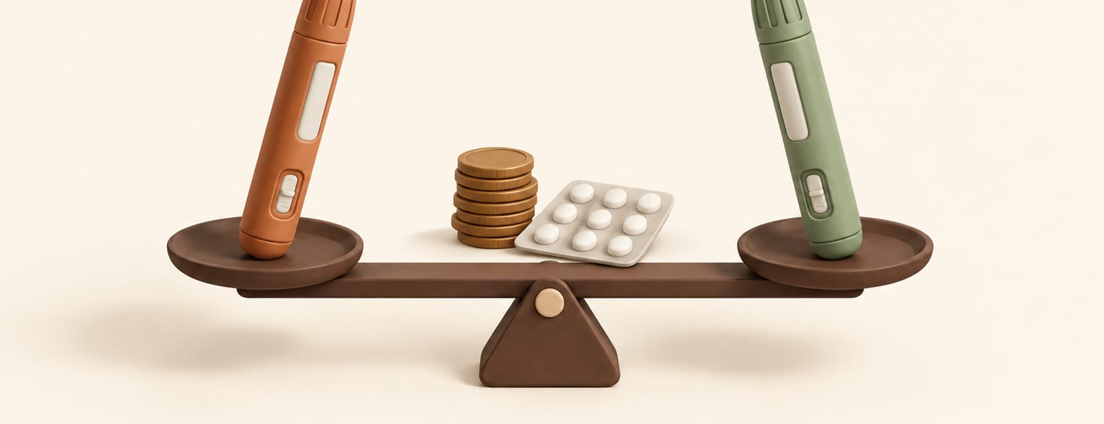 Two rival injection pens balanced on a scale with coins and a tablet blister pack between them.