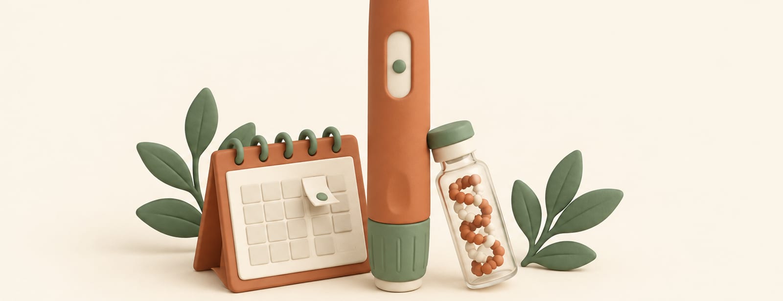 Clay illustration of a large injection pen with one calendar day raised, beside a small vial, suggesting monthly dosing.