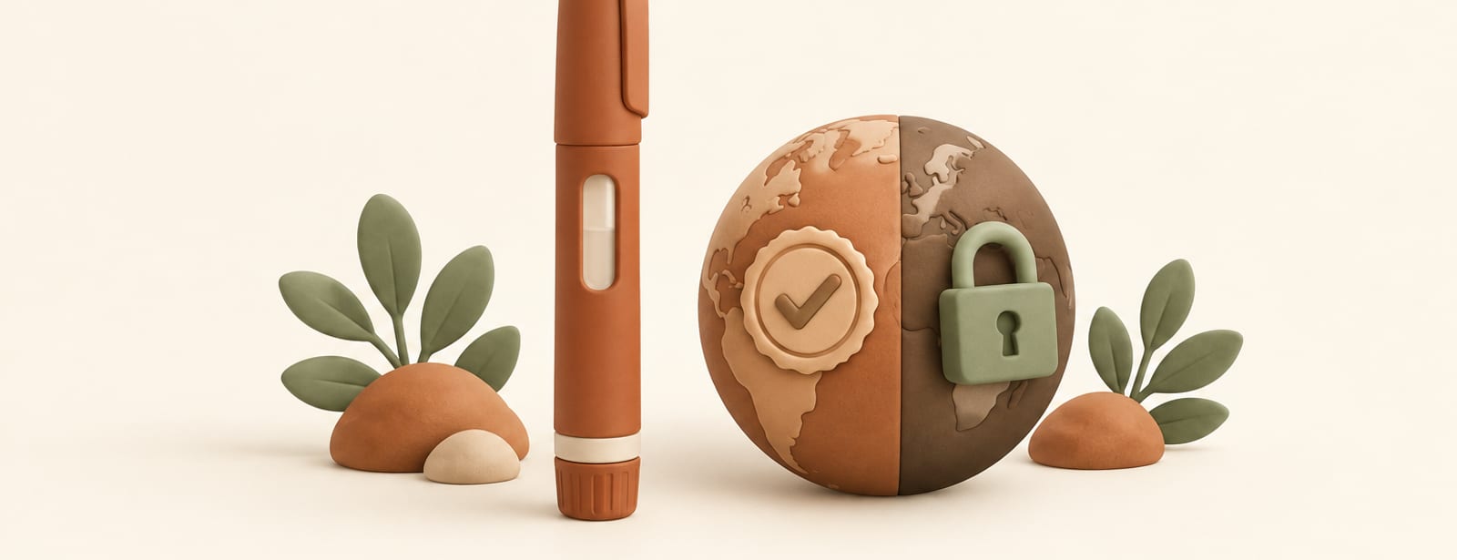 Clay-style injection pen beside a globe, one side stamped approved and the other sealed with a padlock.