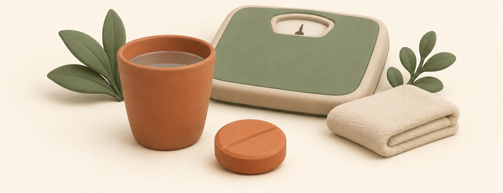 Stylized clay scene of a large pill tablet beside a small glass of water and a bathroom scale.