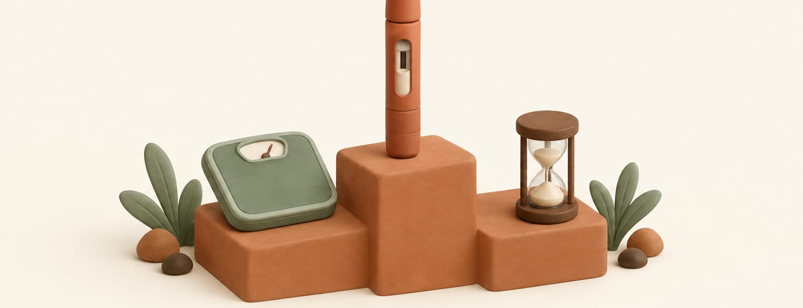 Clay-style illustration of an injection pen on the top step of a podium beside a scale and an hourglass.