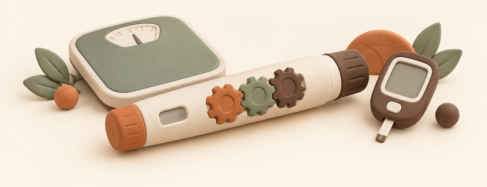 Clay-style injection pen with three fused gear shapes beside a scale and glucose meter, isometric still life.