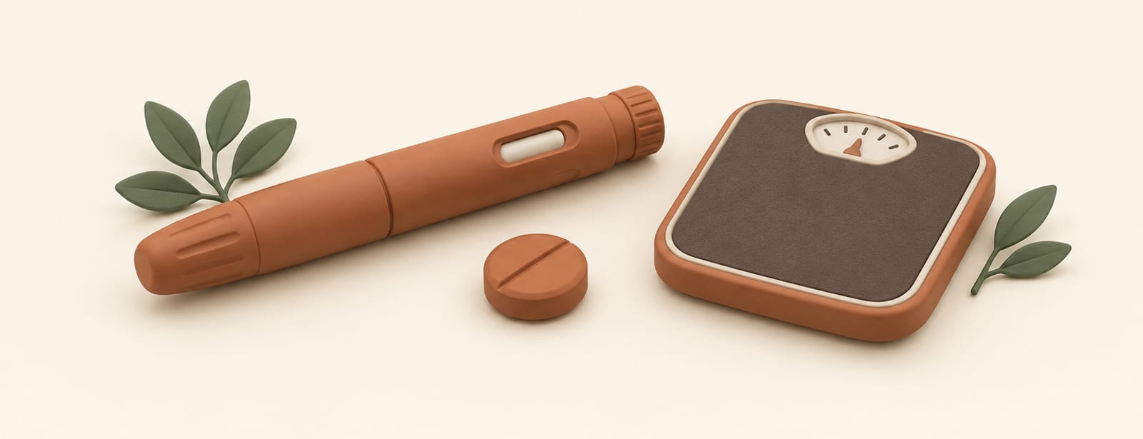 Clay-style still life of a weekly injection pen and a matching tablet beside a small bathroom scale.