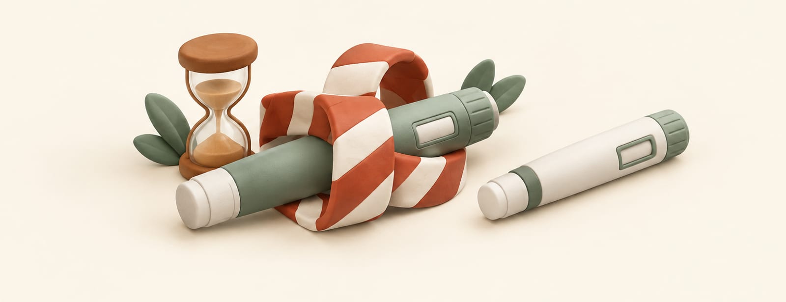 Clay-style scene of an injection pen wrapped in a barrier ribbon beside an hourglass and a free unwrapped pen.