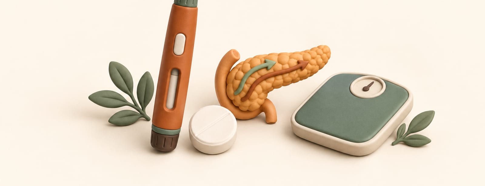 Clay-style illustration of an injection pen and a tablet side by side with a pancreas shape and a small scale.