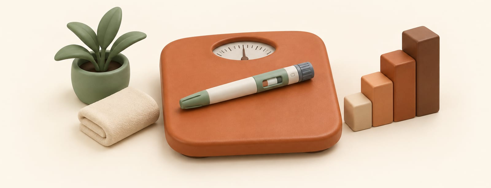 Clay-style bathroom scale with an injection pen and a stepped bar-chart tower of rising blocks beside it.