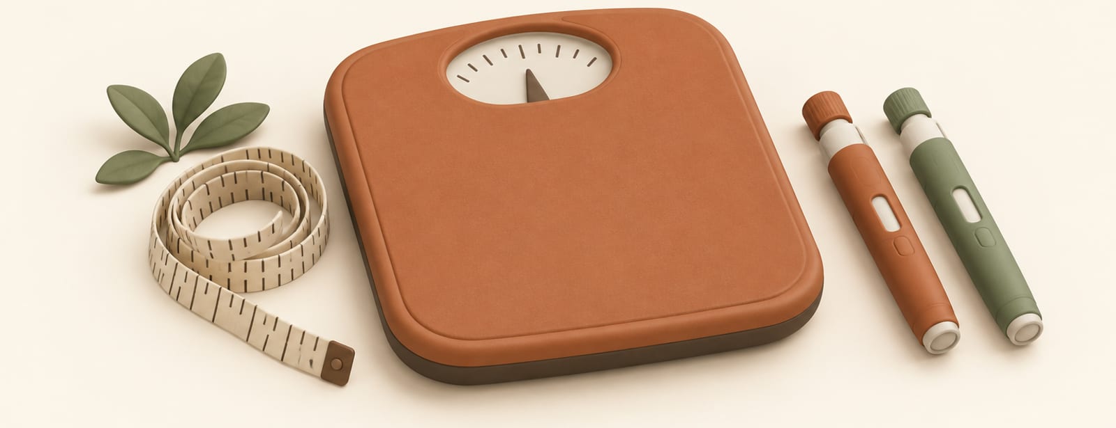 Clay-style bathroom scale with a tape measure and two different colored injection pens beside it.