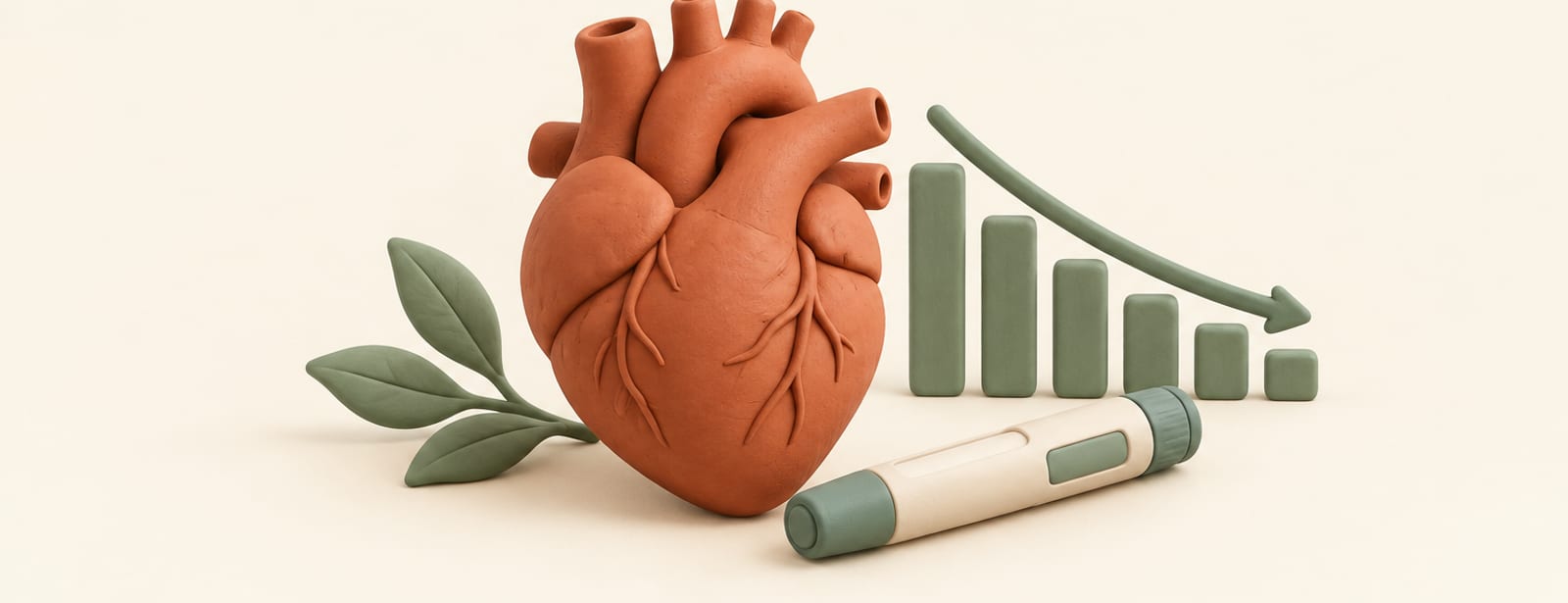 Isometric clay scene of a heart shape, an injection pen, and a downward-trending bar graph representing a cardiovascular trial