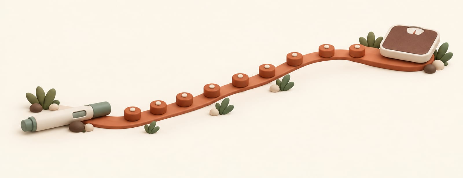 A stepped clay timeline path with a weekly injection pen at the start and a bathroom scale at the end.