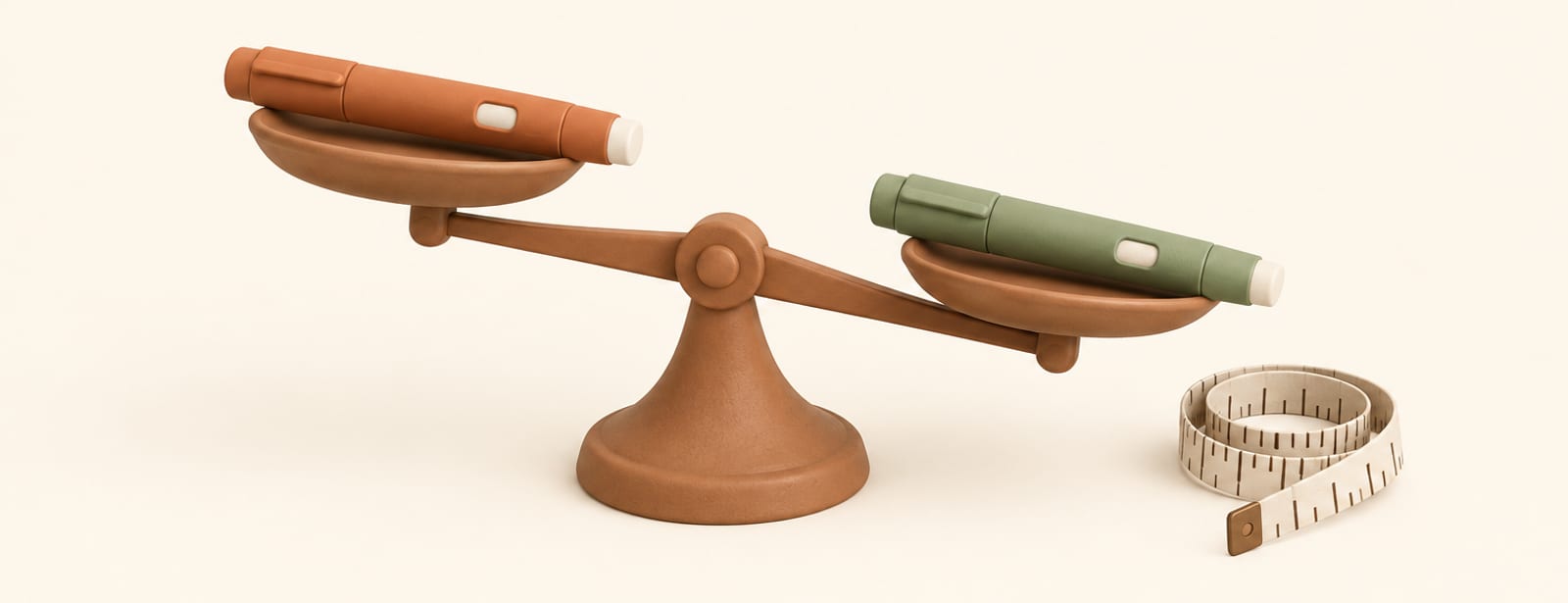 Two injection pens, one terracotta and one sage, balanced on a clay scale beside a coiled tape measure