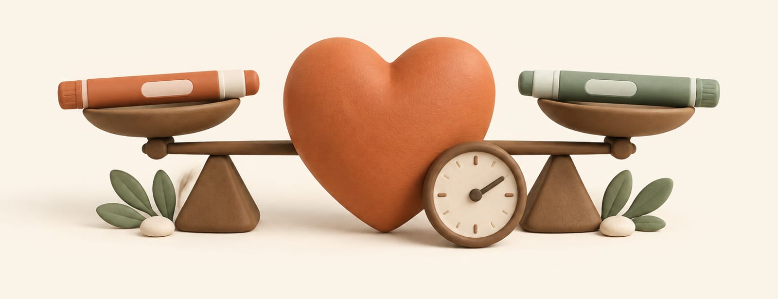 Clay heart shape with two injection pens balanced on a scale and a small clock, symbolizing a heart-outcomes drug comparison trial