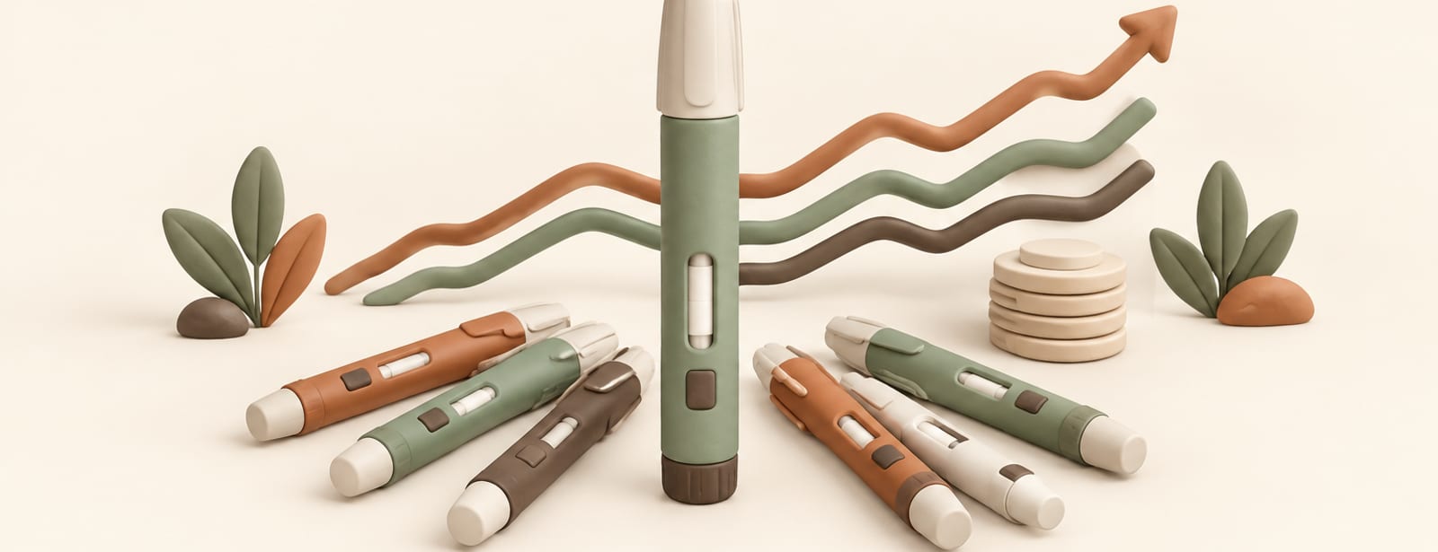 Clay still life of a central injection pen surrounded by smaller pens and a rising graph-like ridge, symbolizing clinical trial data.
