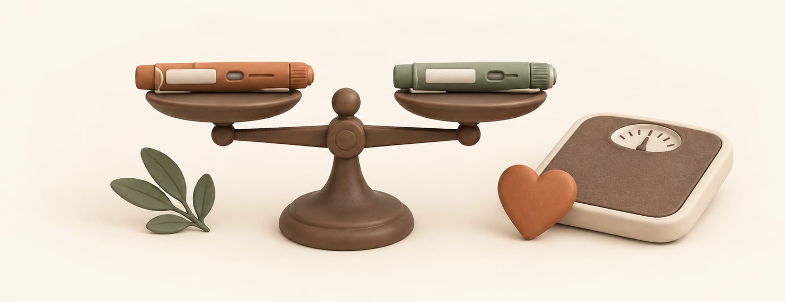 Two clay injection pens balanced on a scale, with a small bathroom scale and heart shape nearby.