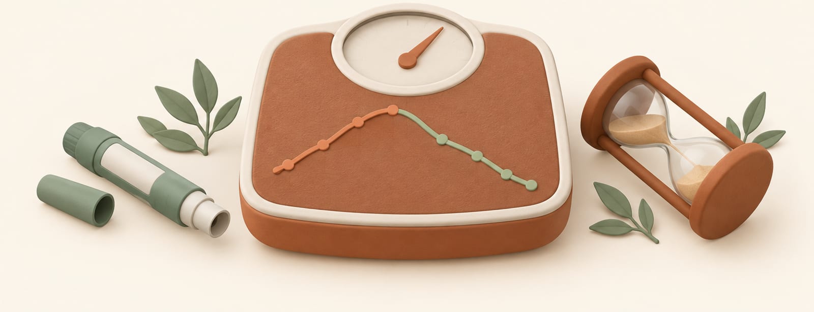 Isometric clay scene of a bathroom scale, an empty injection pen, and an hourglass symbolizing weight regain after stopping treatment.