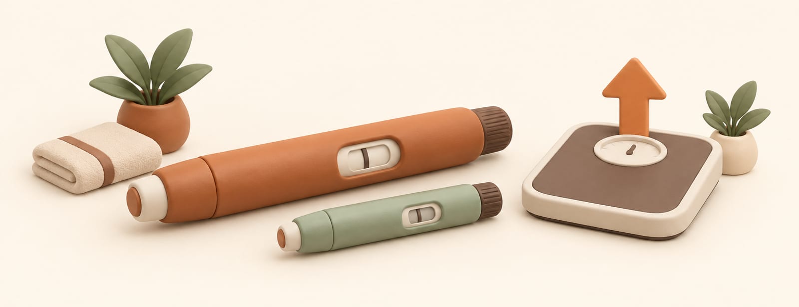 Two injection pens at different dose levels beside a scale with an upward arrow, in soft clay style.