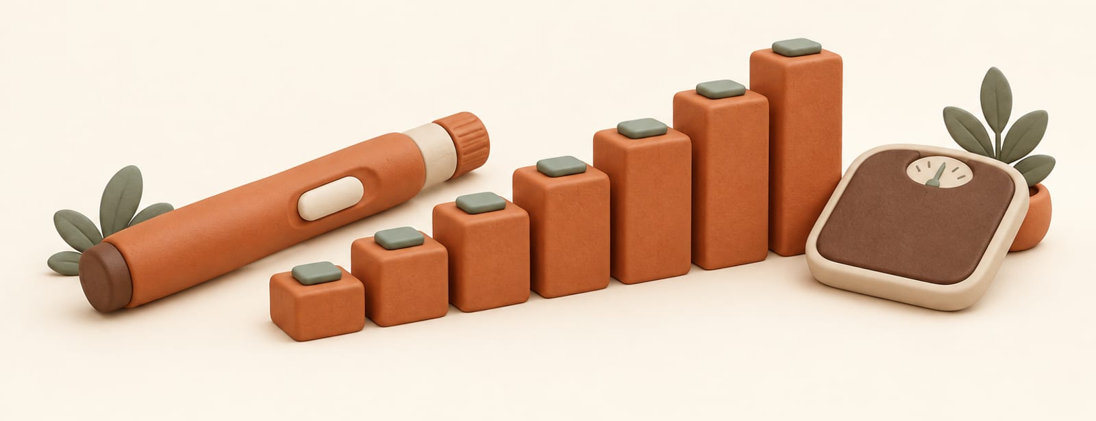 Isometric clay scene of an injection pen beside a rising staircase of blocks and a small scale, representing a weekly dosing timeline.