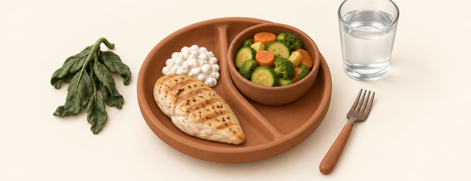 Isometric clay still life of a divided plate with protein and vegetables next to a water glass and a wilted greens sprig