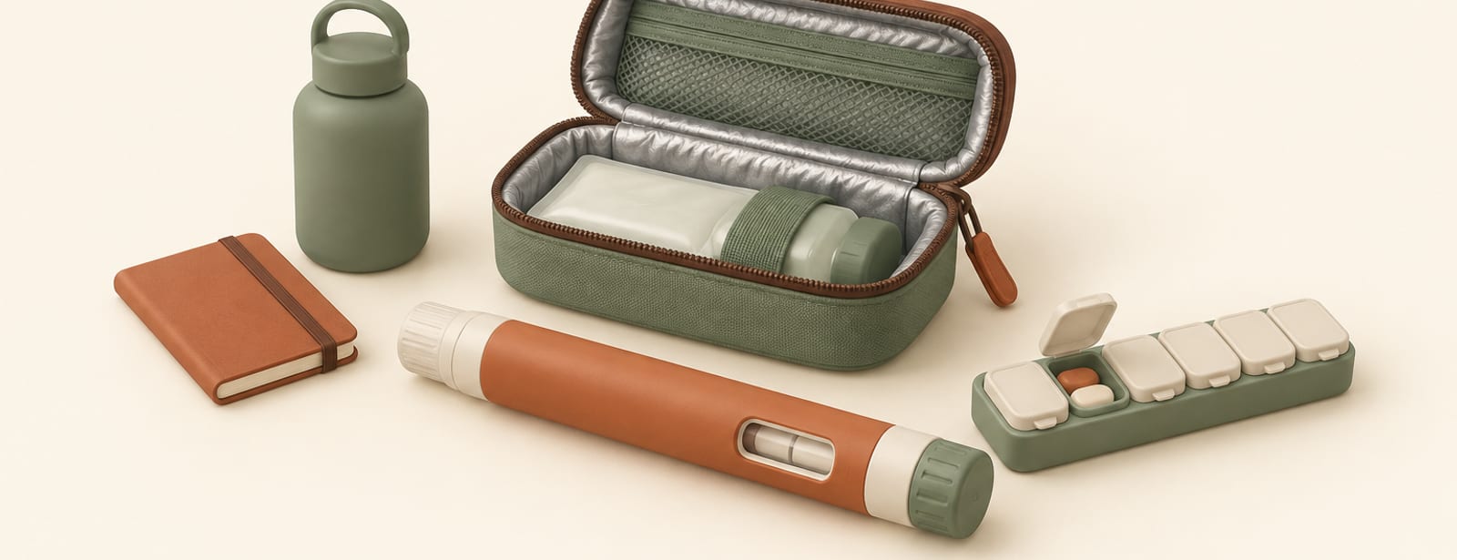 Clay-style still life of an injection pen next to an insulated travel case and a seven-day organizer with one day raised.
