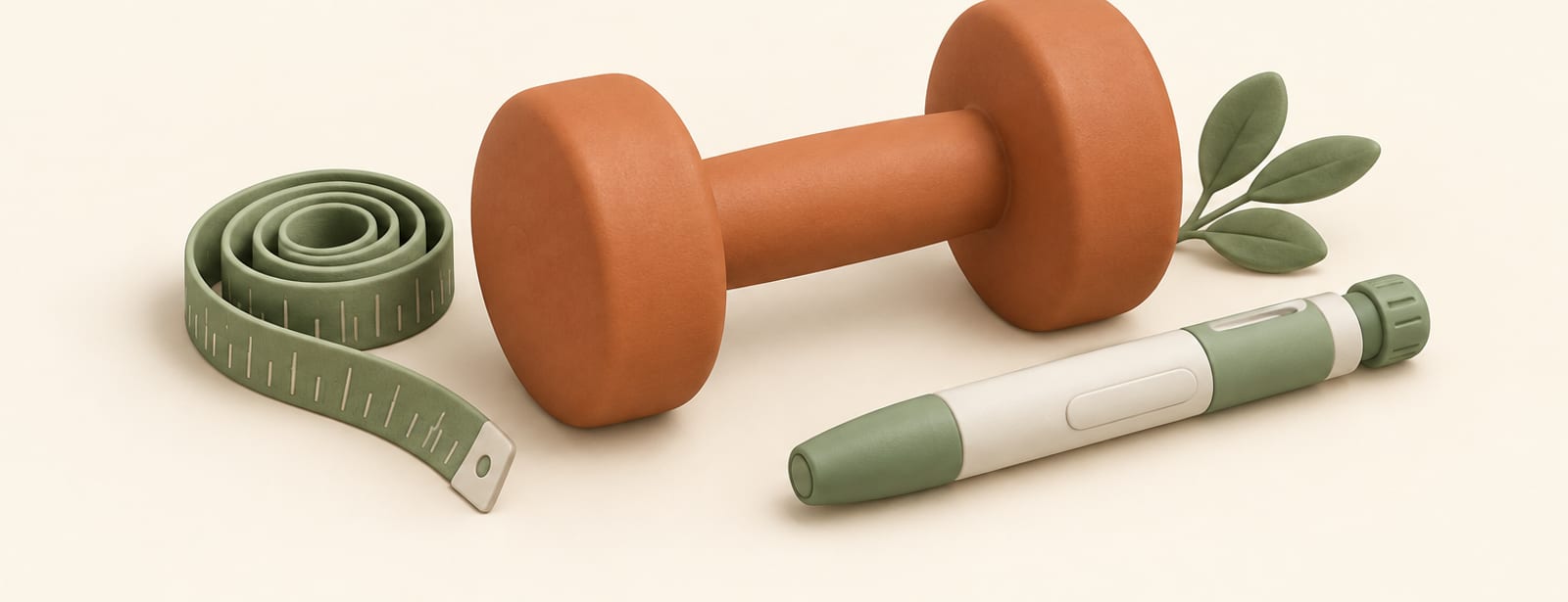 Isometric clay scene of a dumbbell, a coiled measuring tape, and an injection pen on a cream surface.